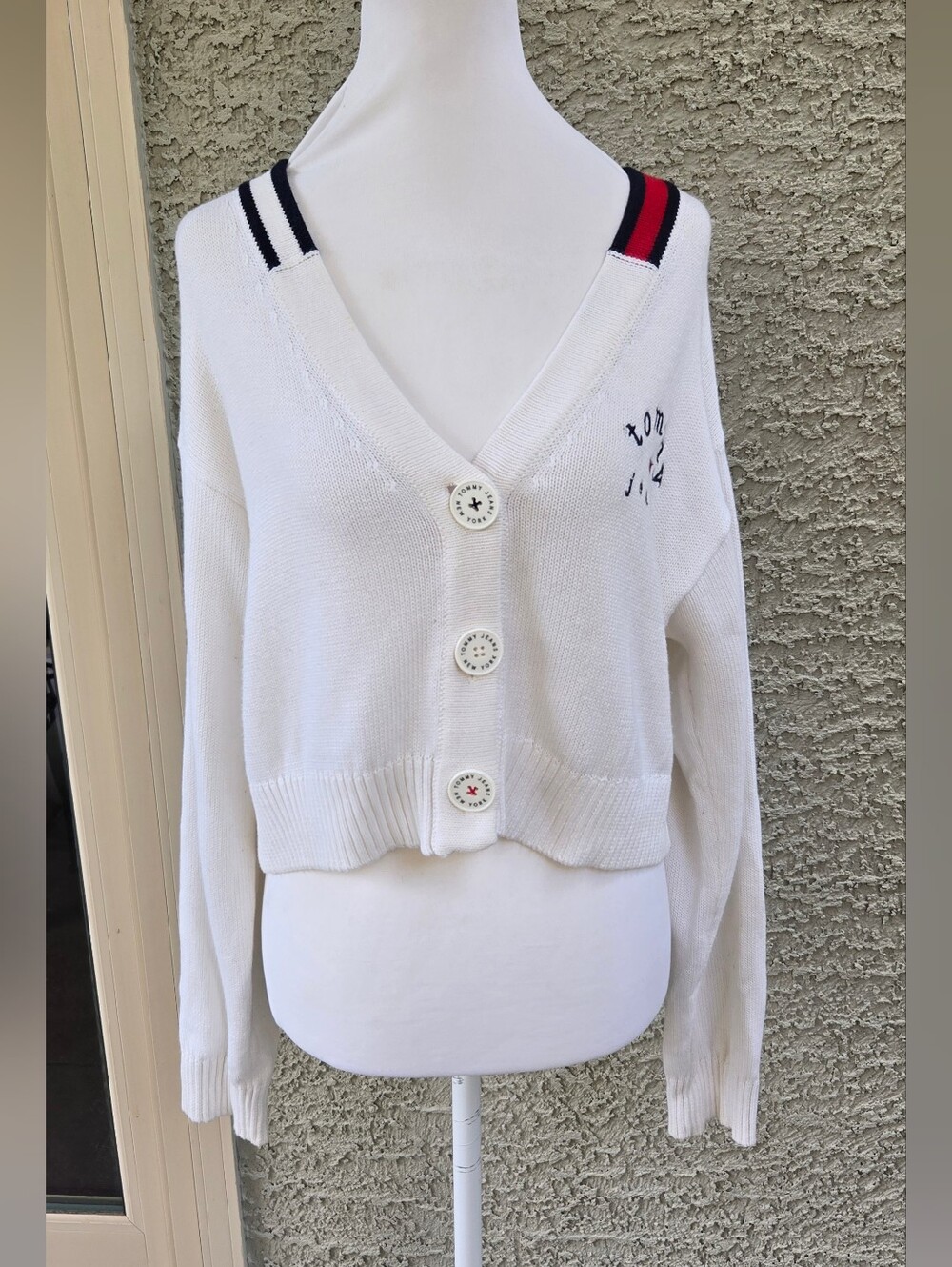 Tommy Jeans White V-Neck Button Cardigan Sweater with Stripe Detail